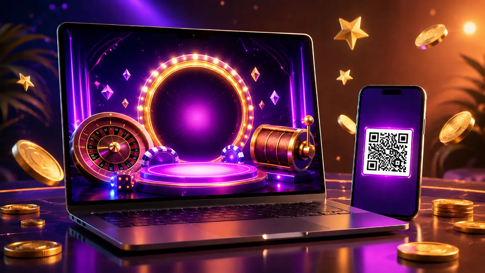 App mobile casino RoboCat Italia — laptop con roulette neon e smartphone con QR code di accesso rapido