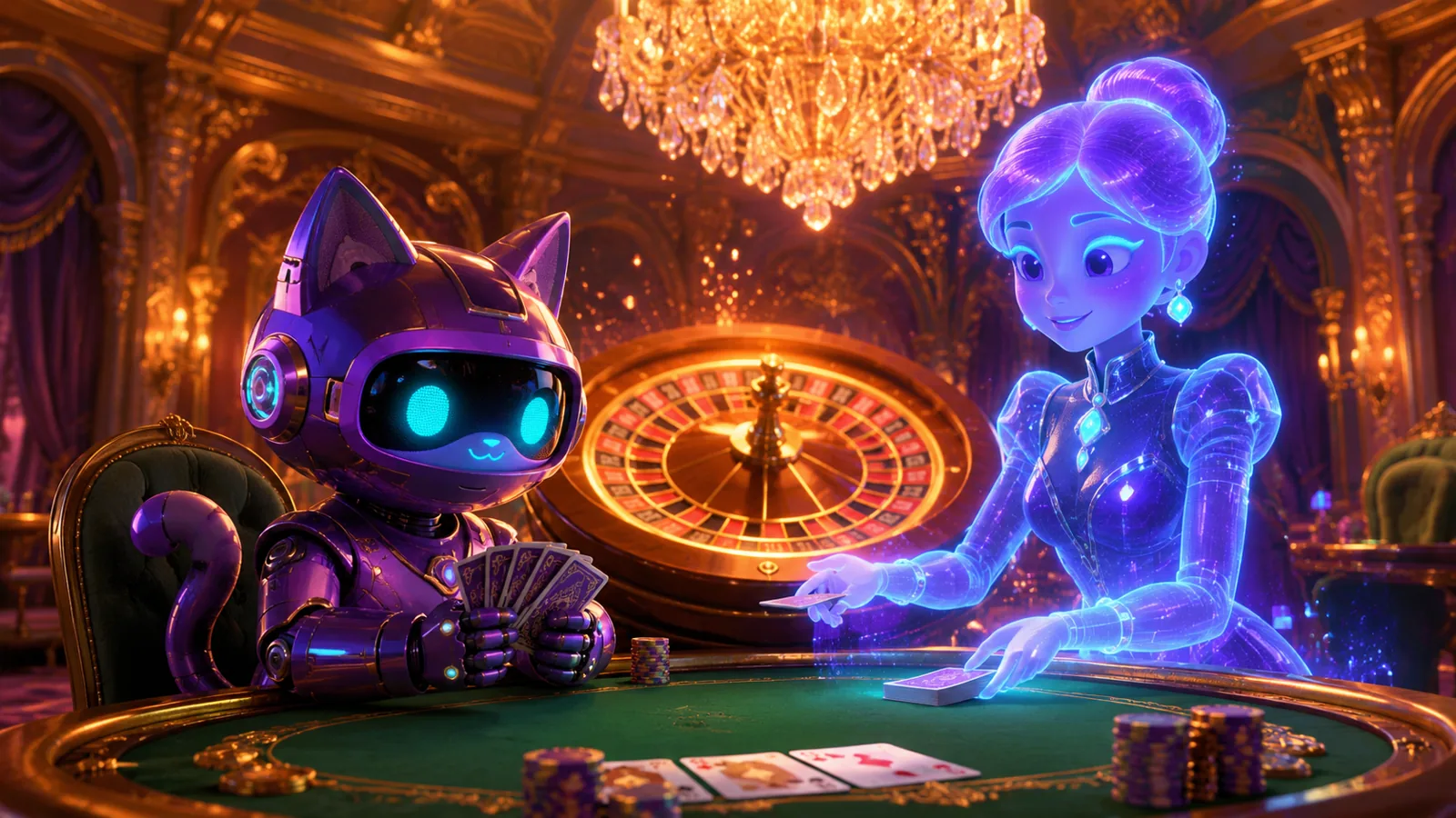 Casino live italiano RoboCat — gatto robot al tavolo verde con croupier olografica e roulette nel salone barocco