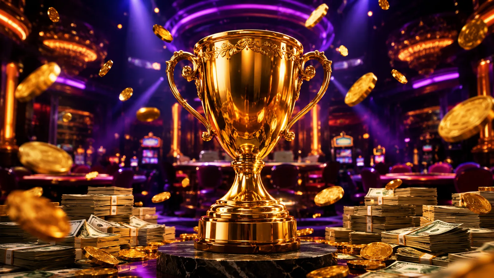 Jackpot progressivi RoboCat Italia — coppa d'oro gigante tra mazzette di euro e monete nel salone dorato