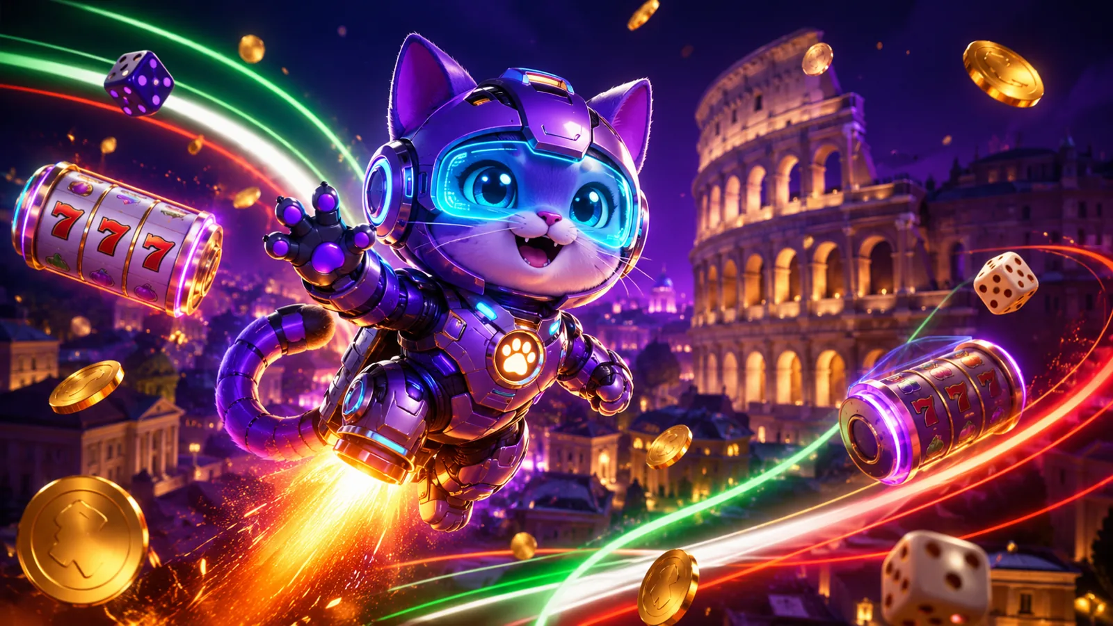 RoboCat casino online Italia — gatto robot astronauta tra slot neon e Colosseo di Roma