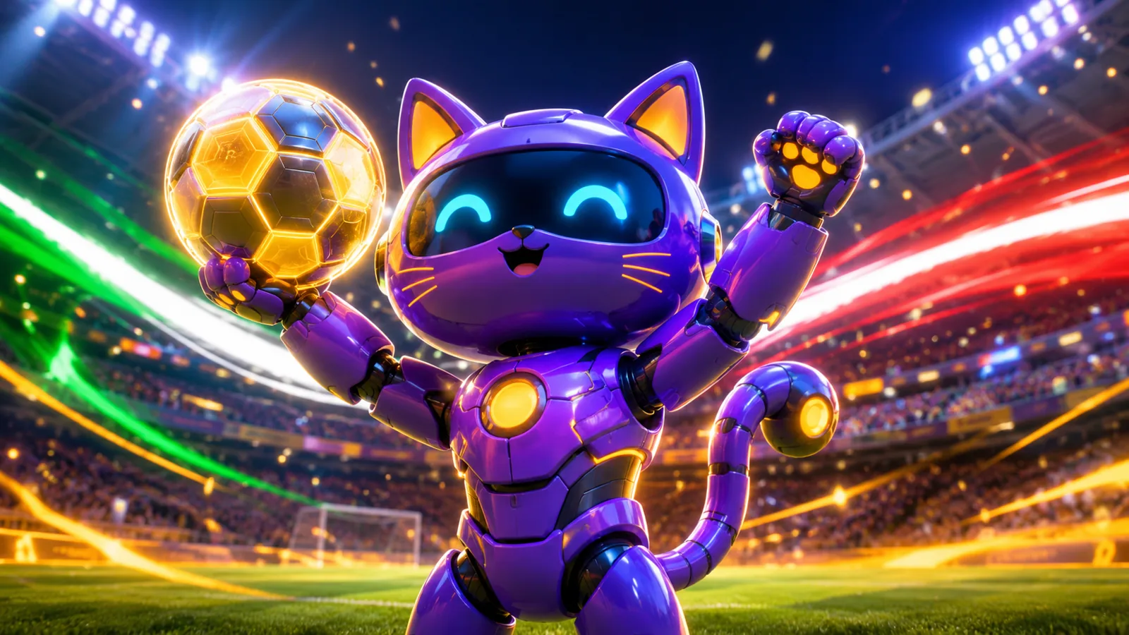 Scommesse sportive Serie A RoboCat Italia — gatto robot esultante con pallone tra le luci dello stadio e tricolore italiano