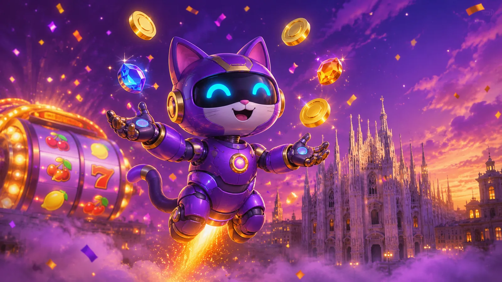 Slot machine RoboCat Italia — gatto robot giocoliere di monete con rulli arcade e Duomo di Milano